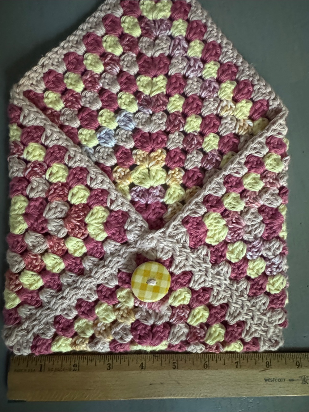 Crochet Envelope Tablet Sleeve in Pink, Cream & Yellow - 100% Cotton - Picture 4 of 5